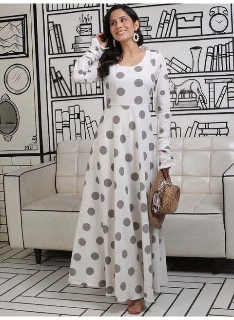 أبيض ورمادي منقط ماكسي واسع