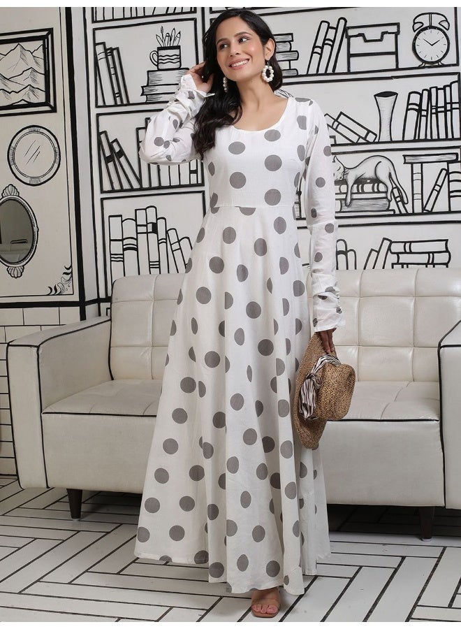 أبيض ورمادي منقط ماكسي واسع