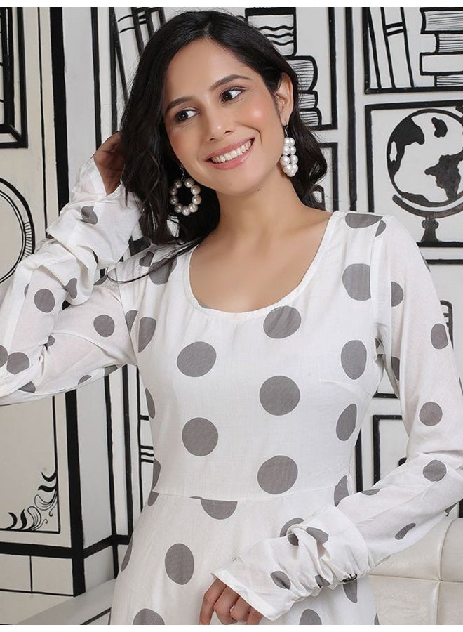 أبيض ورمادي منقط ماكسي واسع