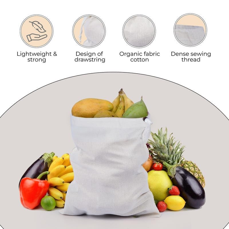 FAB ELLITE Cotton Vegetable & Fruit Storage Bags | Reusable Muslin Fridge Organizer Pouches with Drawstrings for Sabji, Produce & Groceries | (White, Pack of 12) - Image 4