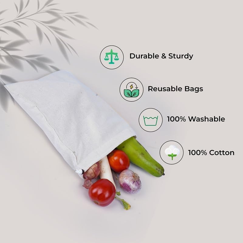 FAB ELLITE Cotton Vegetable & Fruit Storage Bags | Reusable Muslin Fridge Organizer Pouches with Drawstrings for Sabji, Produce & Groceries | (White, Pack of 12) - Image 5