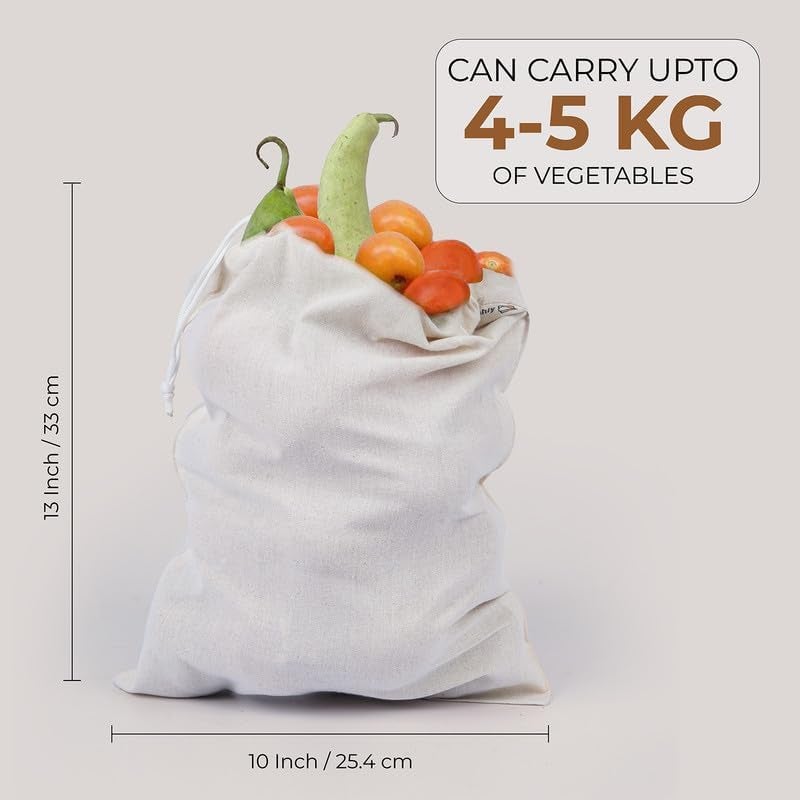 FAB ELLITE Cotton Vegetable & Fruit Storage Bags | Reusable Muslin Fridge Organizer Pouches with Drawstrings for Sabji, Produce & Groceries | (White, Pack of 12) - Image 3