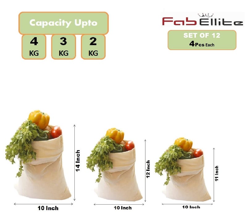 FAB ELLITE Cotton Vegetable & Fruit Storage Bags | Reusable Muslin Fridge Organizer Pouches with Drawstrings for Sabji, Produce & Groceries | (White, Pack of 12) - Image 2