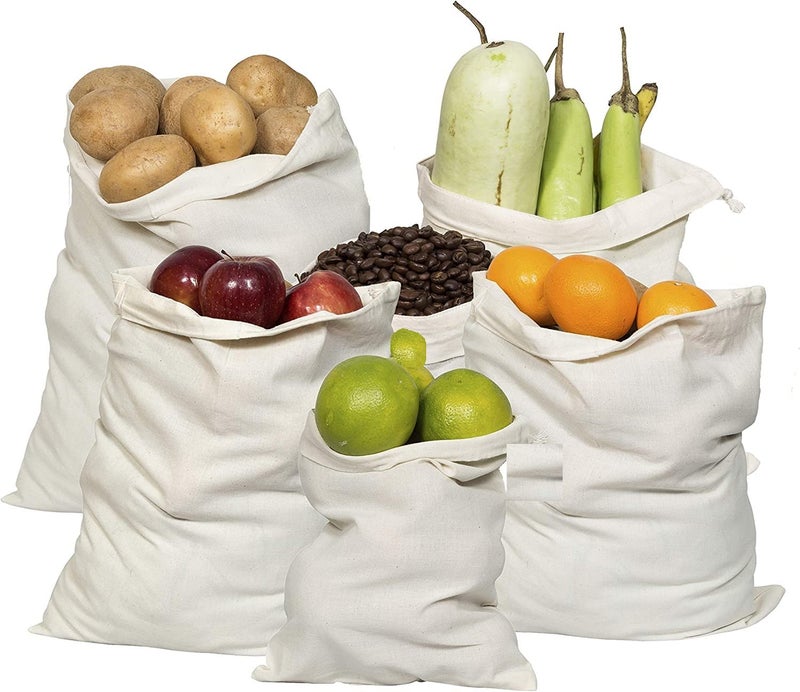 FAB ELLITE Cotton Vegetable & Fruit Storage Bags | Reusable Muslin Fridge Organizer Pouches with Drawstrings for Sabji, Produce & Groceries | (White, Pack of 12) - Image 1