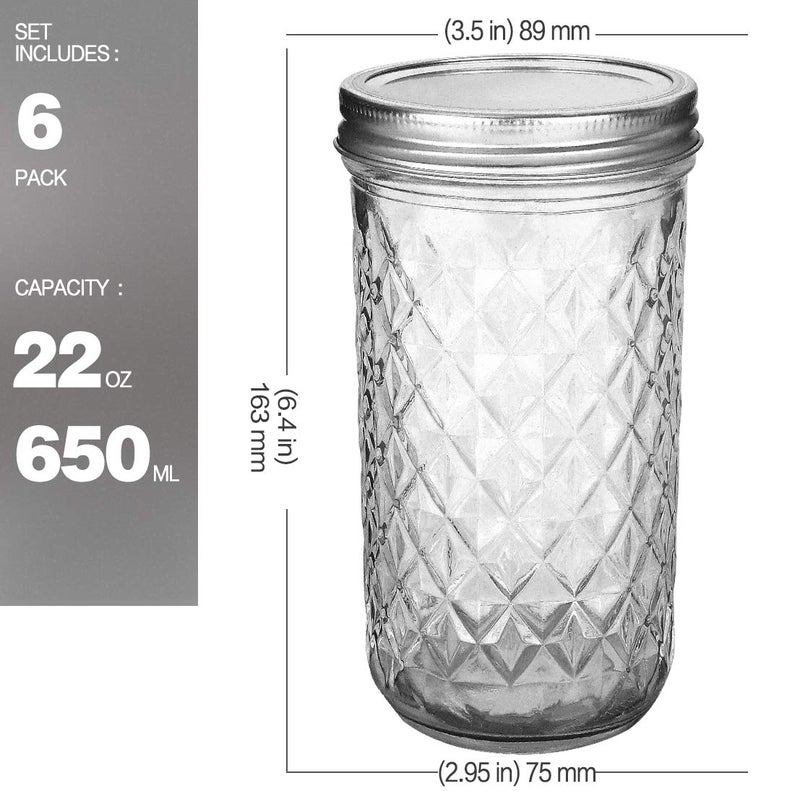 VERONES Wide Mouth Mason Jars 22 oz, 22 OZ Mason Jars Canning Jars Jelly Jars With Wide Mouth Lids, Ideal for Jam, Honey, Wedding Favors, Shower Favors, 6 PACK,EXTRA 6 Lids with Straw Hole - Image 2