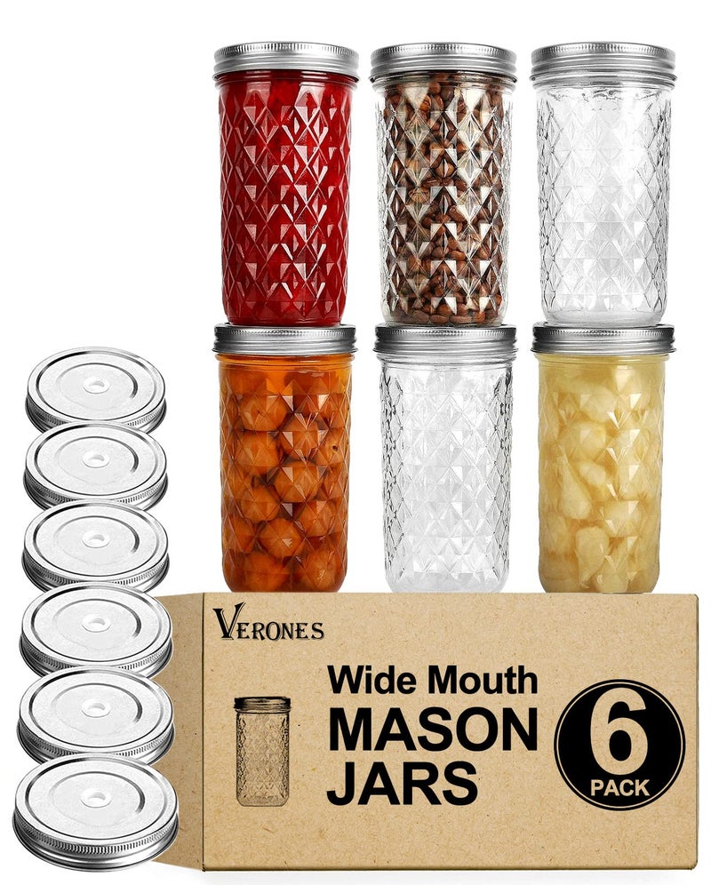 VERONES Wide Mouth Mason Jars 22 oz, 22 OZ Mason Jars Canning Jars Jelly Jars With Wide Mouth Lids, Ideal for Jam, Honey, Wedding Favors, Shower Favors, 6 PACK,EXTRA 6 Lids with Straw Hole - Image 1