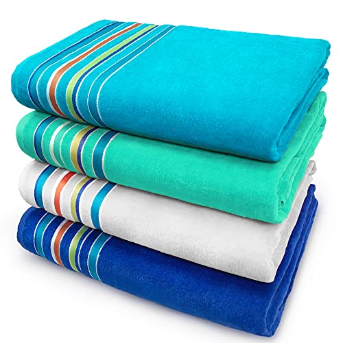 Large Beach Towel Extra Soft 36 x 70 inch Hotel Pool Resort and SPA Style 100 Cotton Solid Colors with Striped Border WhiteMintTurquoiseCobalt 4 Pack