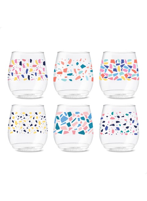TOSSWARE POP 14oz Vino Colorful Terrazzo Series SET OF 6 Premium Quality Recyclable Unbreakable  Crystal Clear Plastic Printed Glasses 6 Count Pack of 1