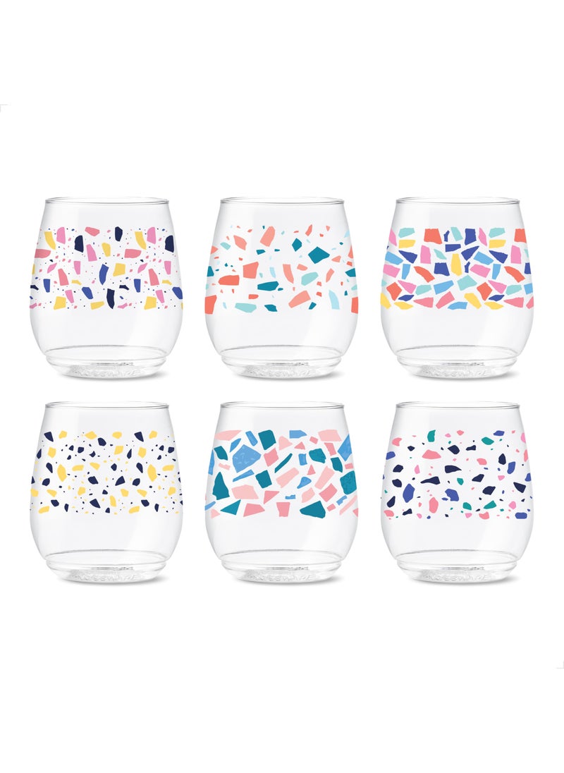 TOSSWARE POP 14oz Vino Colorful Terrazzo Series SET OF 6 Premium Quality Recyclable Unbreakable  Crystal Clear Plastic Printed Glasses 6 Count Pack of 1