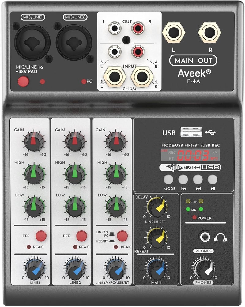 أفيك خلاط صوت محمول، لوحة خلط الصوت مع خلاط رقمي رقمي USB بلوتوث ذو 4 قنوات مزود بتأخير الصدى، إدخال طاقة فانتوم 48 فولت، خلاطات ستيريو دي جي للتسجيل والبث المباشر والبودكاست - Image 2