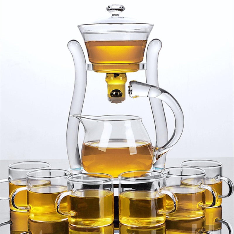 Mozeo Lazy Kungfu Semiautomatic Tea Maker  Glass Teapot with Suction Automatic Water Brewing  Office Flower Tea Set Clear Teapot  6pcs Cups