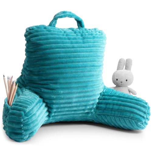 Clara Clark Reading Pillow for Kids  Back Pillow for Sitting in Bed Plush Bed Pillows for Sitting Up in Bed Teal Kids Reading Pillow Shredded Foam Bed Chair Pillow with Arms and Pockets