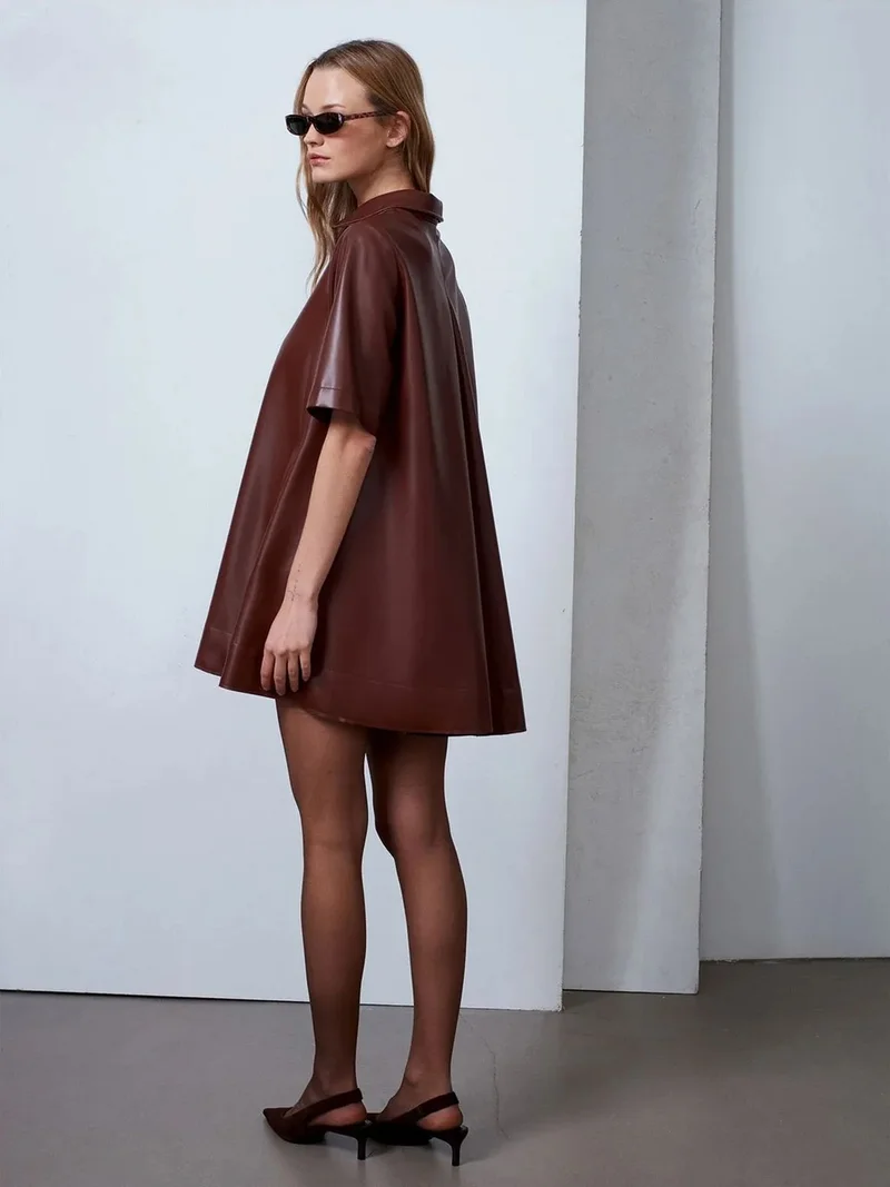 Dilvin DILVIN Loose Fit Faux Leather Mini Shirt Dress