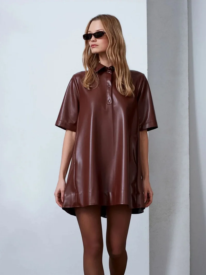 Dilvin DILVIN Loose Fit Faux Leather Mini Shirt Dress