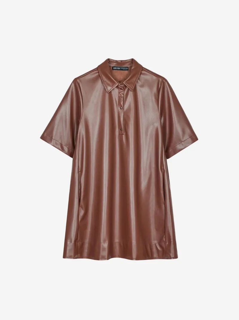 ديلفين DILVIN Loose Fit Faux Leather Mini Shirt Dress