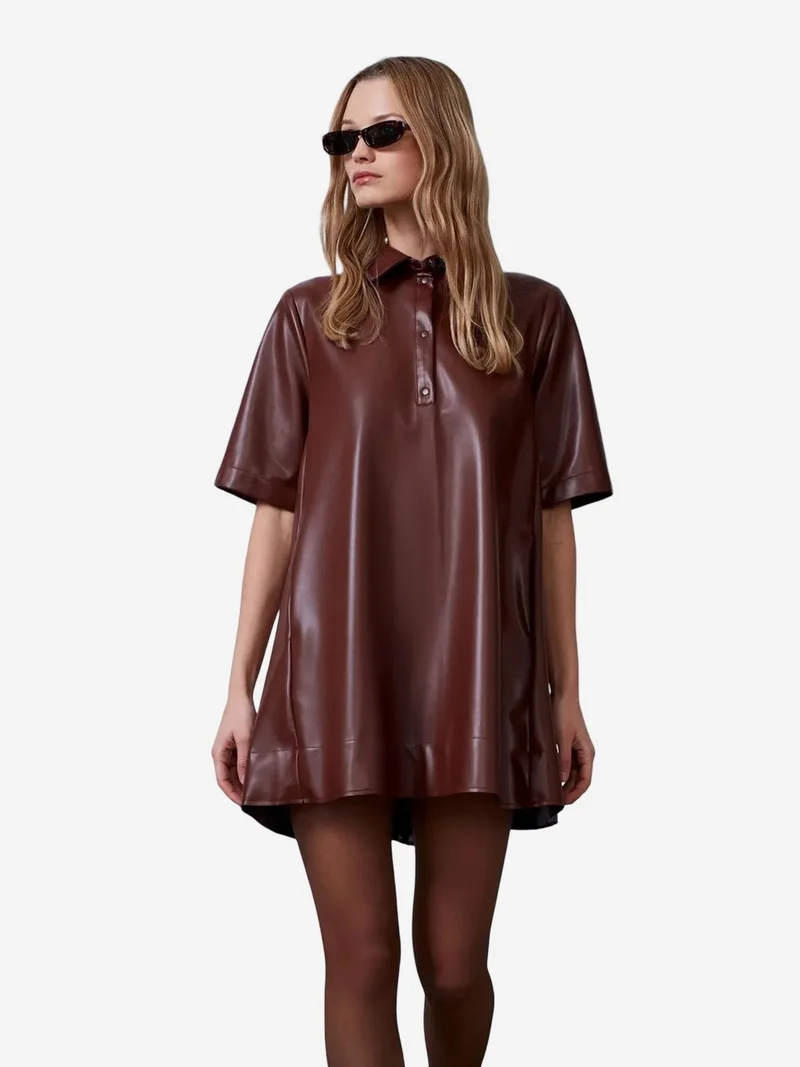 ديلفين DILVIN Loose Fit Faux Leather Mini Shirt Dress