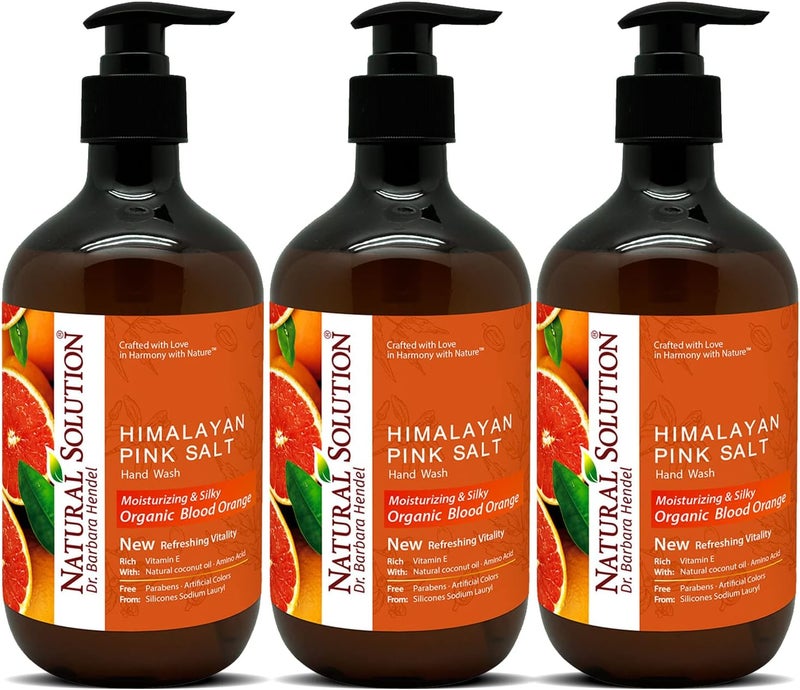 Natural Solution Hand Wash enriched with moisturizing blood orange and Himalayan pink salt comes in a 14 oz bottle Pack of 3 for gentle cleansing and hydration
