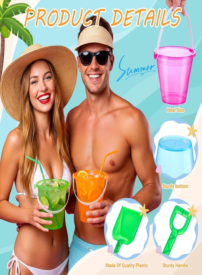 LemonRoad مجموعة ليمون رود المكونة من 24 دلو مشروبات شاطئية كبيرة سعة 34 أونصة مع مجارف وماصات استخدام مرة واحدة وأكواب بلاستيكية نيون للحفلات مع مقابض، دلاء كوكتيل رم قابلة لإعادة الاستخدام لهدايا حفلات أعياد الميلاد الصيفية. - Image 3