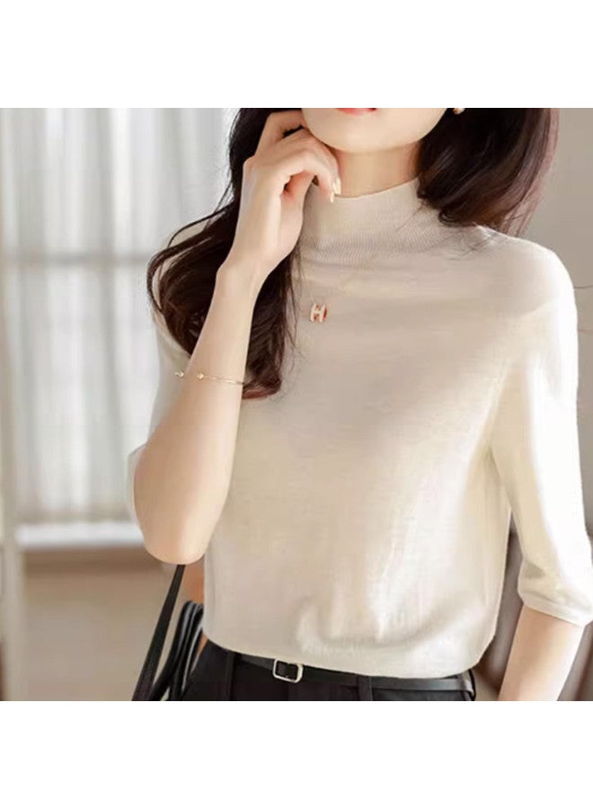 PLANDOO Autumn And Spring Stylish Base Layer, Fashionable And Chic Half-High Neck Five-Point Sleeve Knitted Top, Women'S Mid-Sleeve Innerwear - Image 5