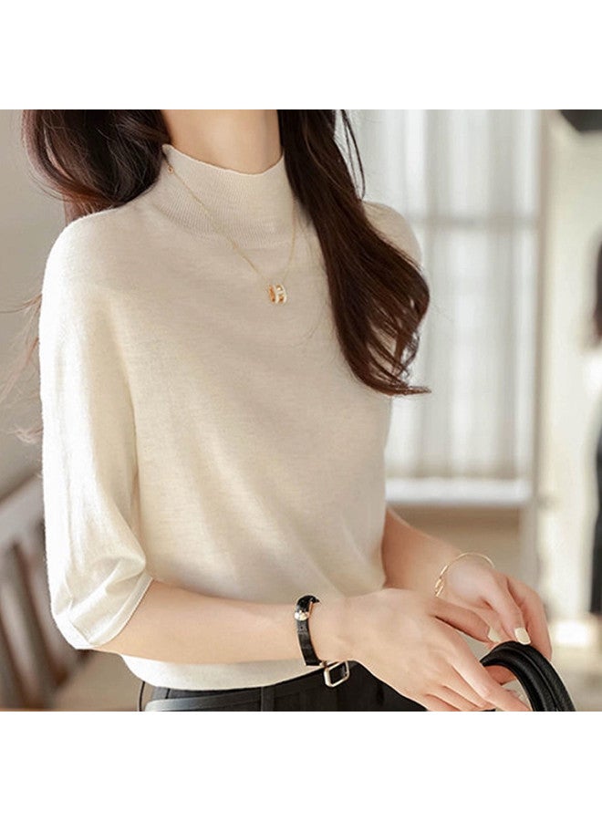 PLANDOO Autumn And Spring Stylish Base Layer, Fashionable And Chic Half-High Neck Five-Point Sleeve Knitted Top, Women'S Mid-Sleeve Innerwear - Image 2