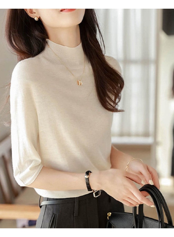 PLANDOO Autumn And Spring Stylish Base Layer, Fashionable And Chic Half-High Neck Five-Point Sleeve Knitted Top, Women'S Mid-Sleeve Innerwear - Image 1