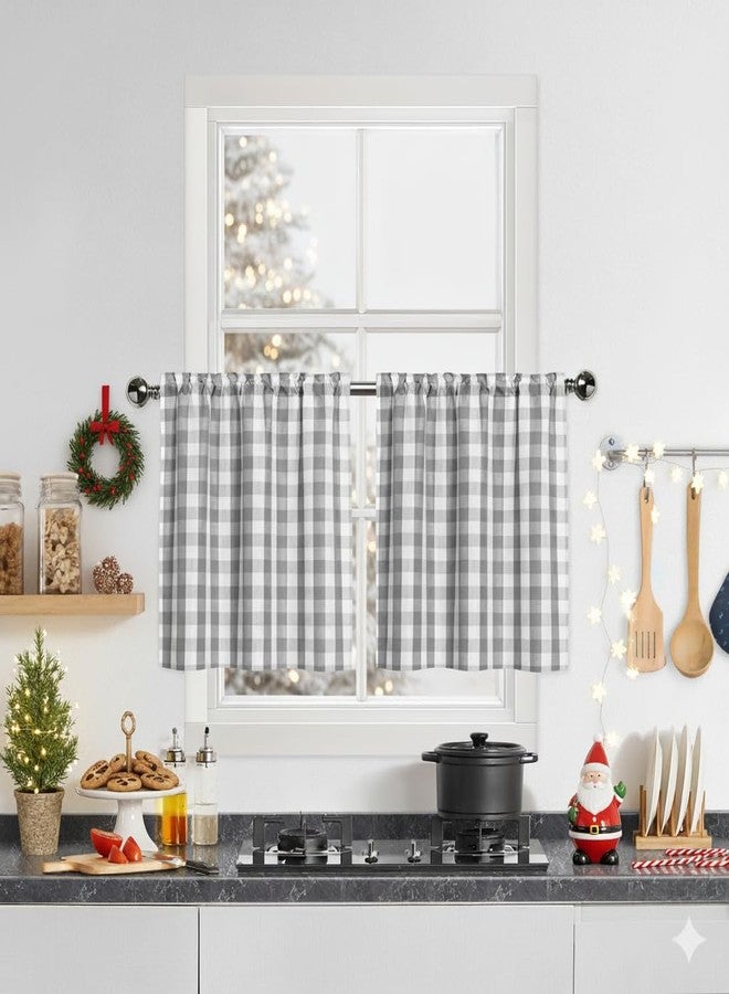 Bapawfish Grey Buffalo Plaid Cafe Curtain Farmhouse Tiers Kitchen Curtains 24 Inches Long, Gingham Check Rod Pocket Half Window Short Drapes for Kitchens Bathroom, 28" x 24", Silver/Gray, Set of 2 - Image 1
