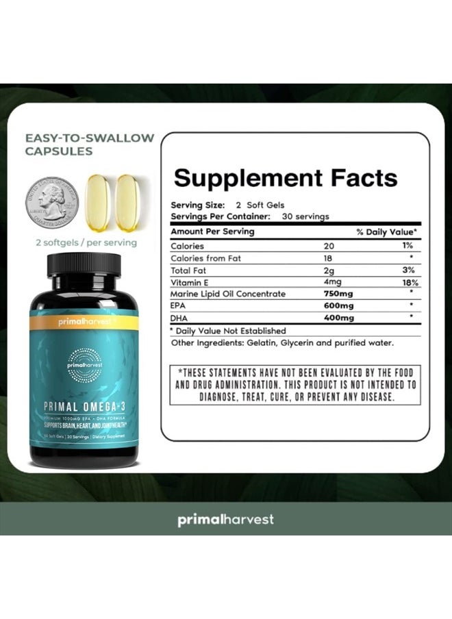 Primal Harvest Omega 3 Fish Oil Supplements, 30 Servings Soft Gels Capsules w/ 1000mg EPA + DHA Supplements, No Fishy Burps Non-GMO Omega 3 Fatty Acid  - Image 2