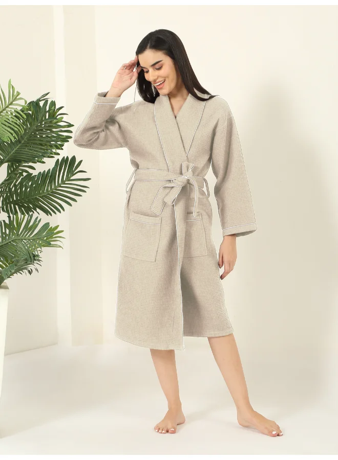 MULBERRY LIVING 100% Cotton -Waffle Lux Solid Bath Robe - Beige