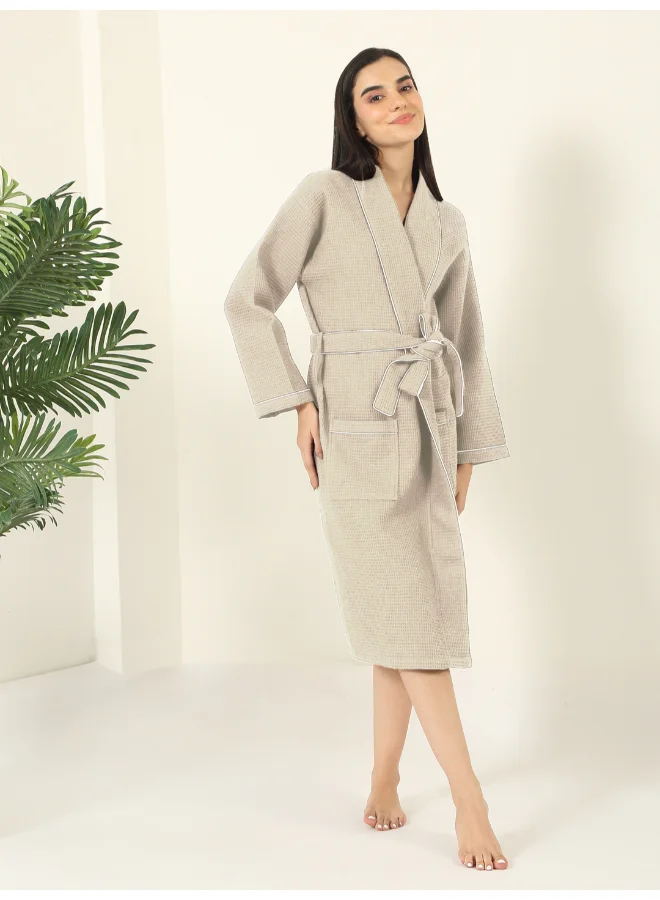 MULBERRY LIVING 100% Cotton -Waffle Lux Solid Bath Robe - Beige