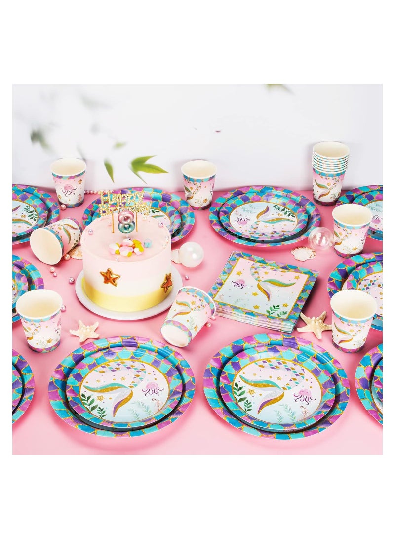 سيوسي Mermaid Theme Party Supplies, Mermaid Disposable Paper Plates Napkins Cups, Mermaid Decor for Girls Birthday Party, Mermaid Birthday Party Tableware Set for Girls Birthday Party (55PCS) - Image 4