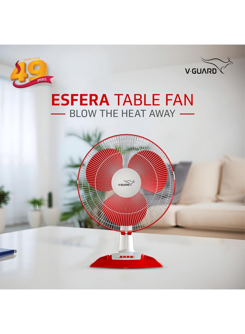 V-Guard Esfera Table Fan | 3 Speed Settings | 1350 RPM Powerful Motor | Corrosion Resistant Powder-Coated Metal Guards | White Red | 40cm (400mm) - Image 4