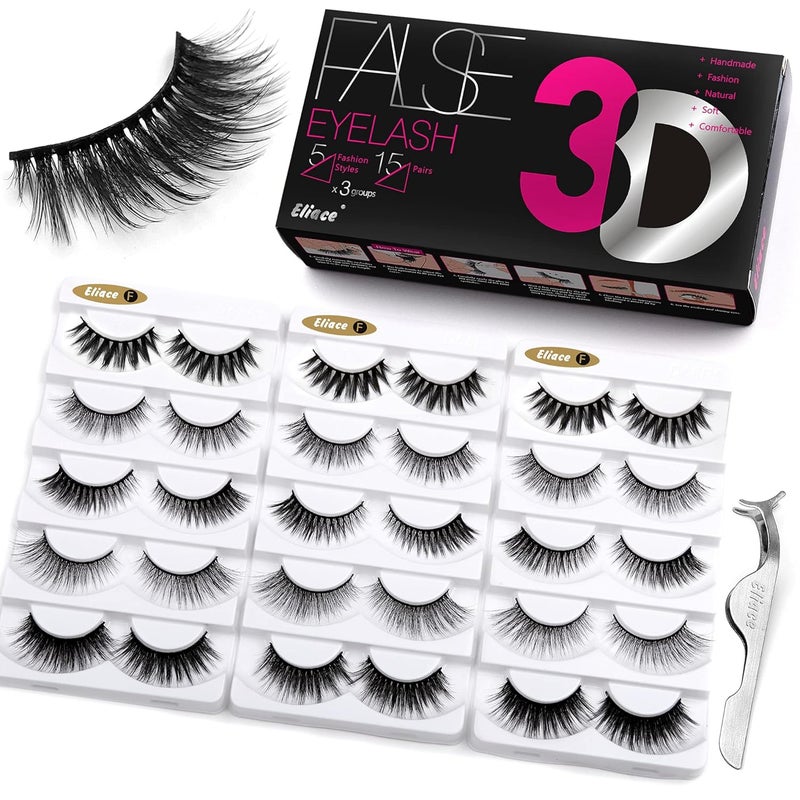 Eliace Eliace False Eyelashes Natural look Cat Eye Lashes Wispy Strips 3D Mink Lashes Fulffy,15 Pairs 5 Styles Fake Eyelashes Faux Volume Curly Full,Thin Lash Band Soft Comfortable Lightweight Lash Pack