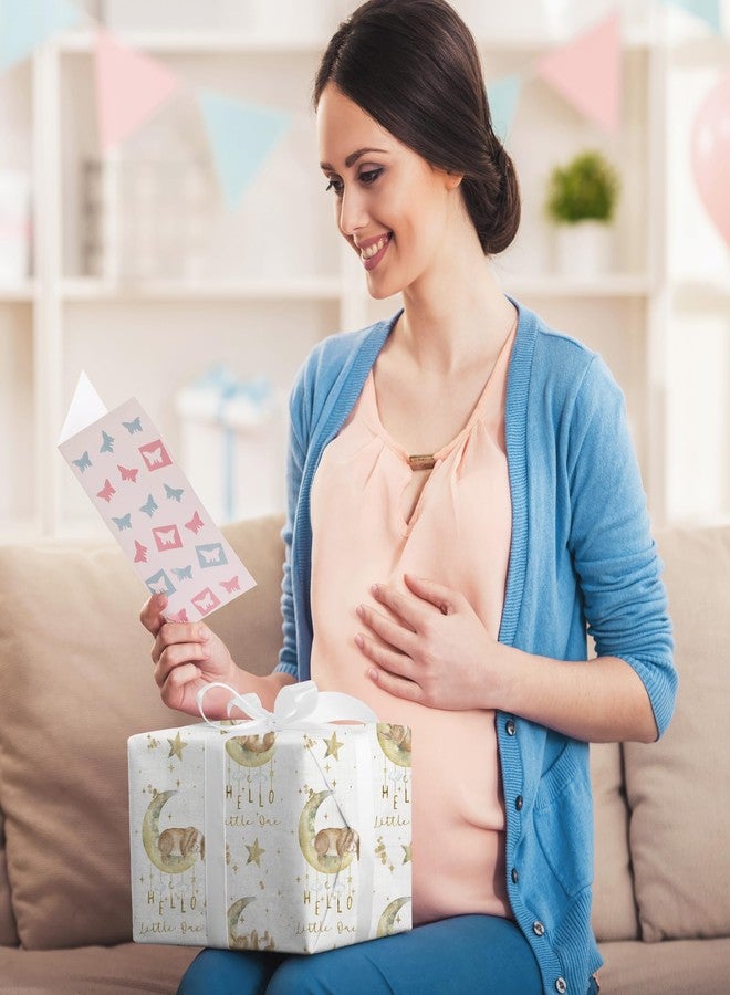 SaringSwoon لفة ورق تغليف هدايا سارينغ سوون لحفلات استقبال المواليد الجدد - ورق أبيض مزين بتصميم أرنب وقمر وعبارة "مرحباً يا صغيري" لحفلات استقبال المواليد وأعياد الميلاد - 17.5 بوصة × 26 قدمًا - Image 2