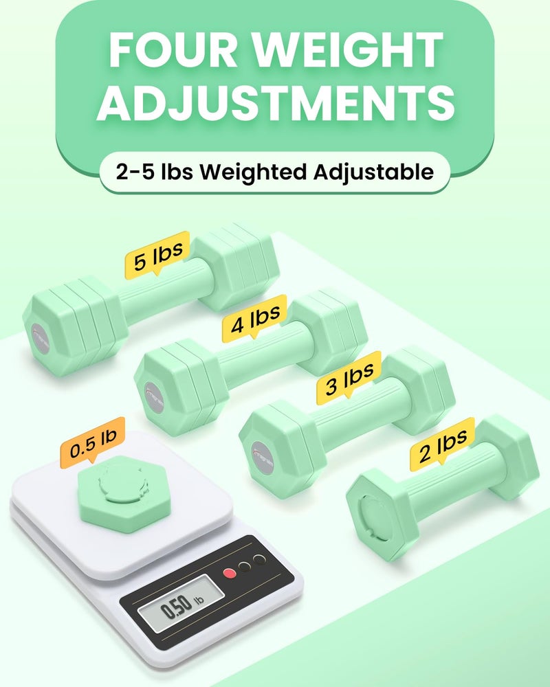 Fragraim Adjustable Dumbbells Set, 4 in 1 Hand Weights Set for Women Men 10 LB Dumbbell Pair Each 2lbs 3lbs 4lbs 5lbs Weights Dumbbells Set with TPU Soft Rubber Handle for Home Gym Exercise Fitness -Green - Image 2