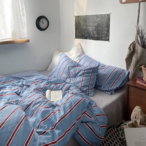 MKXI Queen Blue Red Vertical Stripe Duvet Cover Set 3Piece 100 Cotton Textured Bedding with Zipper Closure Corner Ties Modern Coastal Vintage Aesthetic Comforter Cover - Image 1