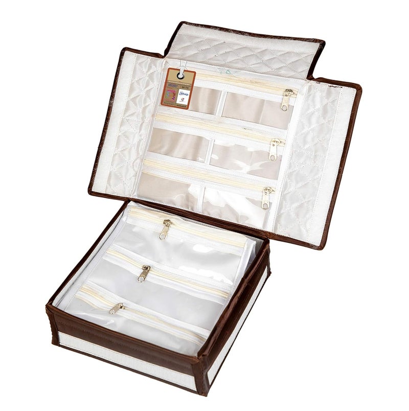 atorakushon Satin Makeup Storage Box Travelling Vanity Cosmetic Toiletry Bag Necklace Wardrobe Organizer Jewellery Pouch for Women Brown - Image 1
