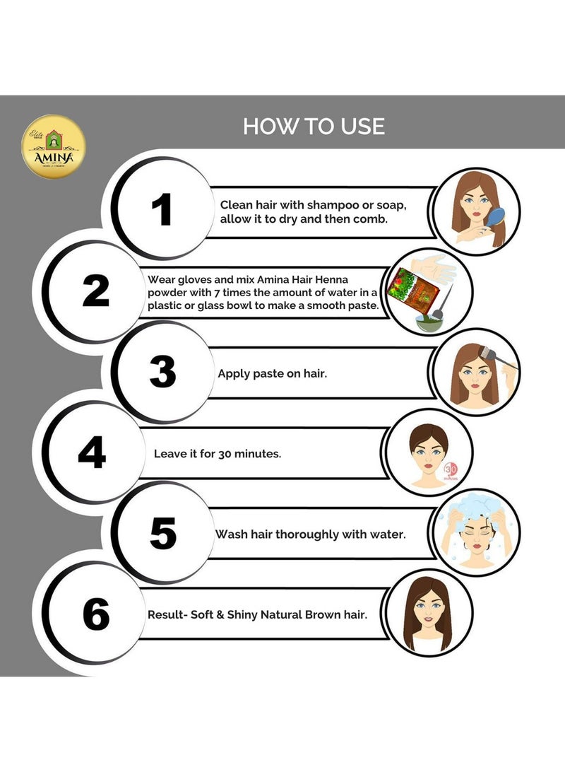 أمينا بودرة حناء أمينة الطبيعية البنية لتلوين الشعر، شعر بني، صبغة شعر عشبية لشعر ناعم حريري ولامع للرجال والنساء (25 جرام × عبوة من 6 قطع) - Image 4