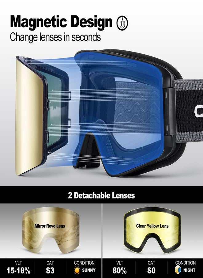 Odoland Ski Goggles Set with Detachable Lens, Frameless Interchangeable Lens, Anti-Fog UV Protection Snow Goggles for Men and Women, Helmet Compatible - Black Frame Golden Lens - Image 2