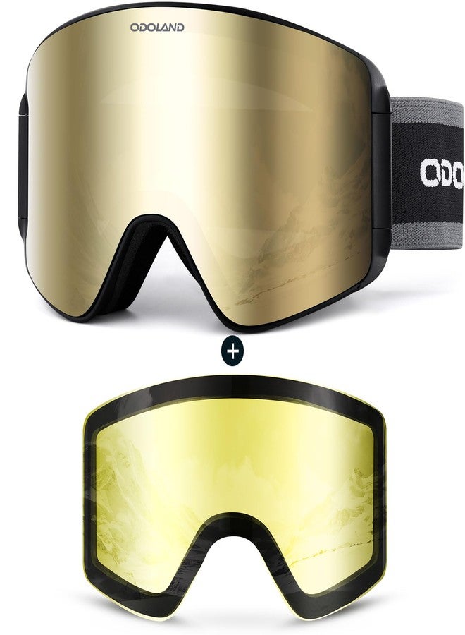Odoland Ski Goggles Set with Detachable Lens, Frameless Interchangeable Lens, Anti-Fog UV Protection Snow Goggles for Men and Women, Helmet Compatible - Black Frame Golden Lens - Image 1