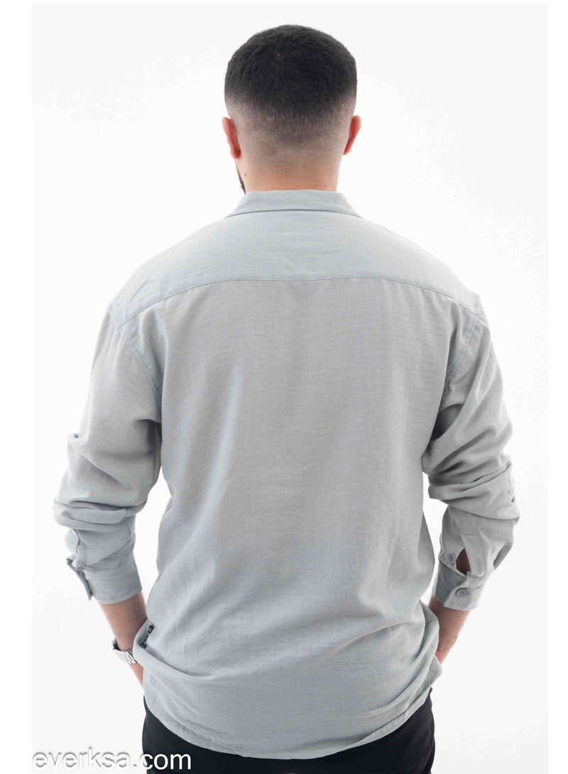 Everest Men's Plain Linen Long Sleeve Shirt in Grey - Image 2