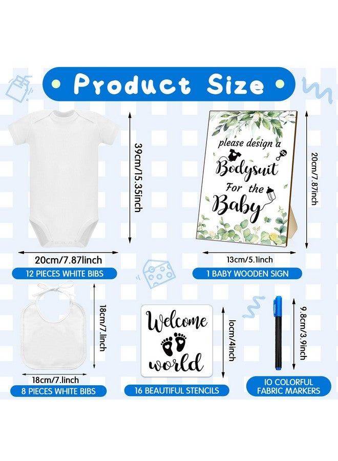 Chuarry Chuarry 43 Pcs DIY Baby Bibs Decorating Kit 8 Bodysuits 8 Pcs 2 Ply White Bibs 10 Fabric Markers 16 Stencils Baby Shower Sign (Greenery)  - Image 1