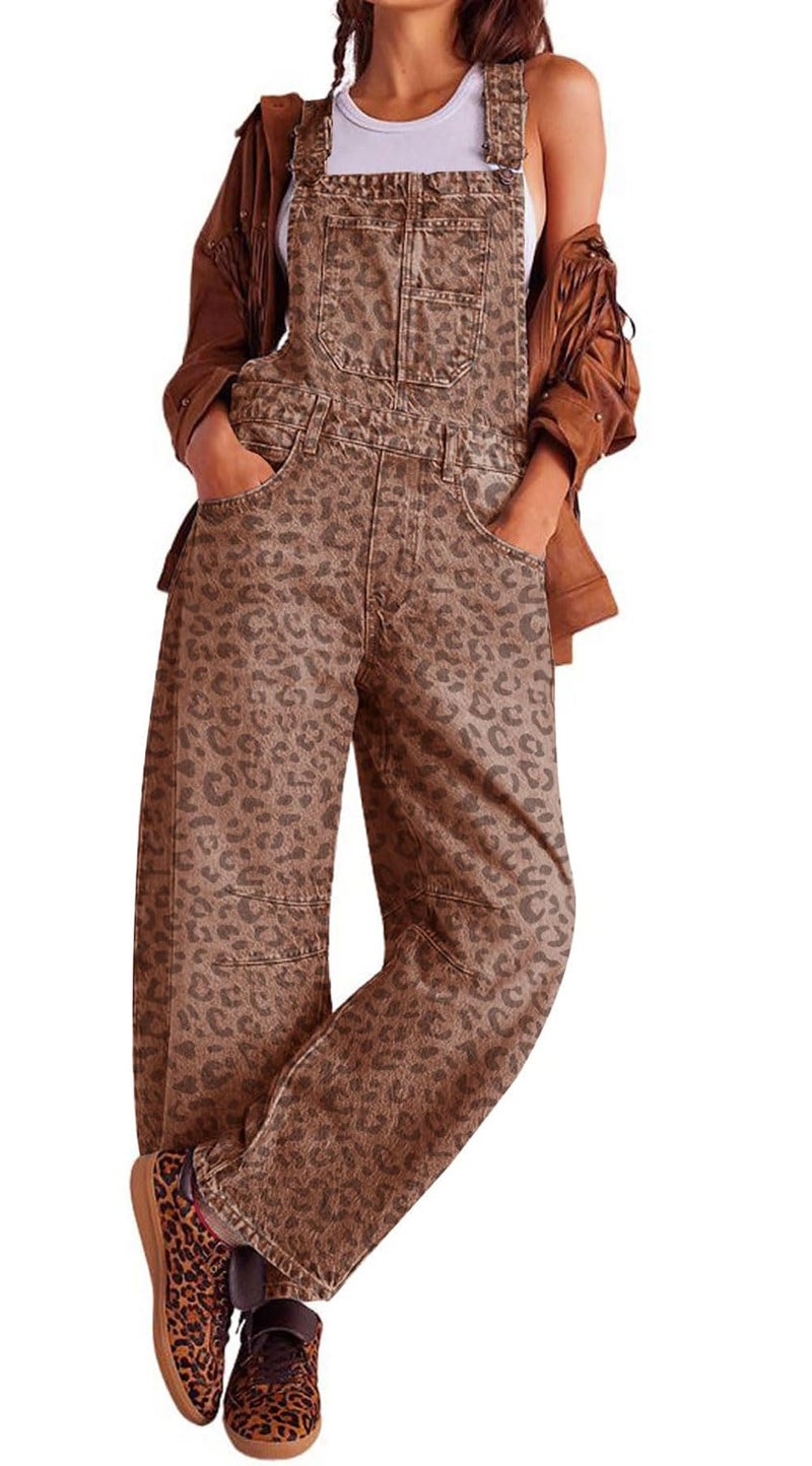 loveimgs Women Y2k Baggy Barrel Jeans Overalls Wide Leg Denim Pants Bib Overalls Jumpsuit Boyfriend Patchwork Jeans (X-Large,Leopard khaki) - Image 1