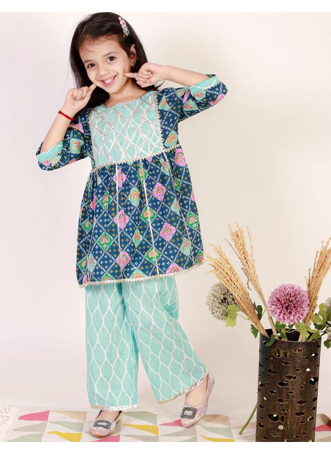 Superminis - superminis Baby Girls Cotton Printed Kurti with Gota Work and Straight Palazzo (6-12 Months, Blue) - Image 1