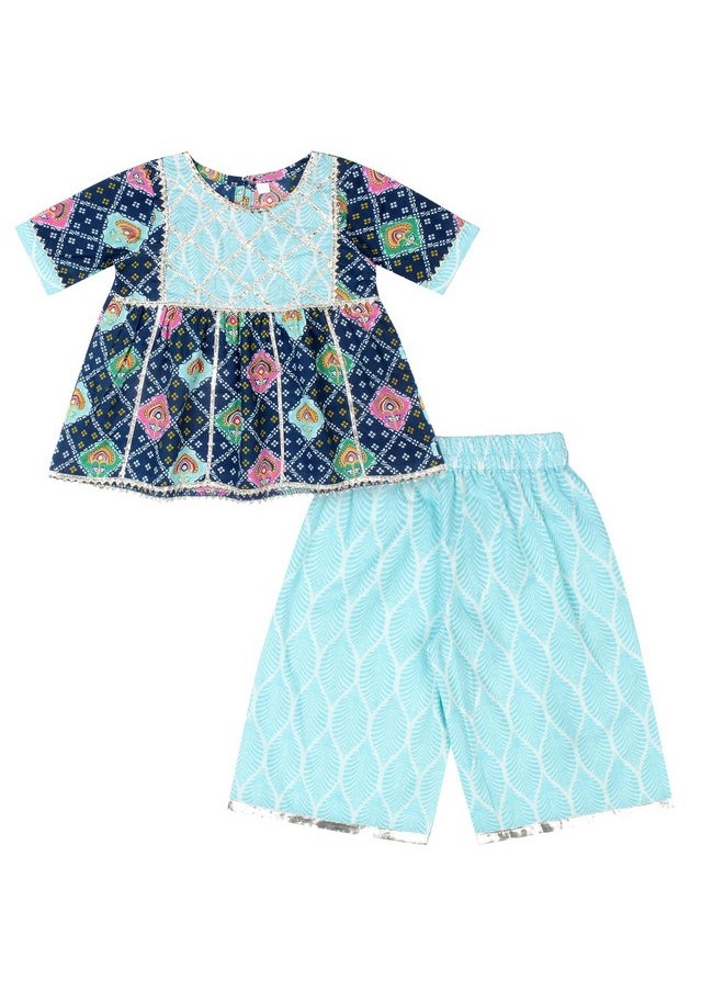 Superminis - superminis Baby Girls Cotton Printed Kurti with Gota Work and Straight Palazzo (6-12 Months, Blue) - Image 1