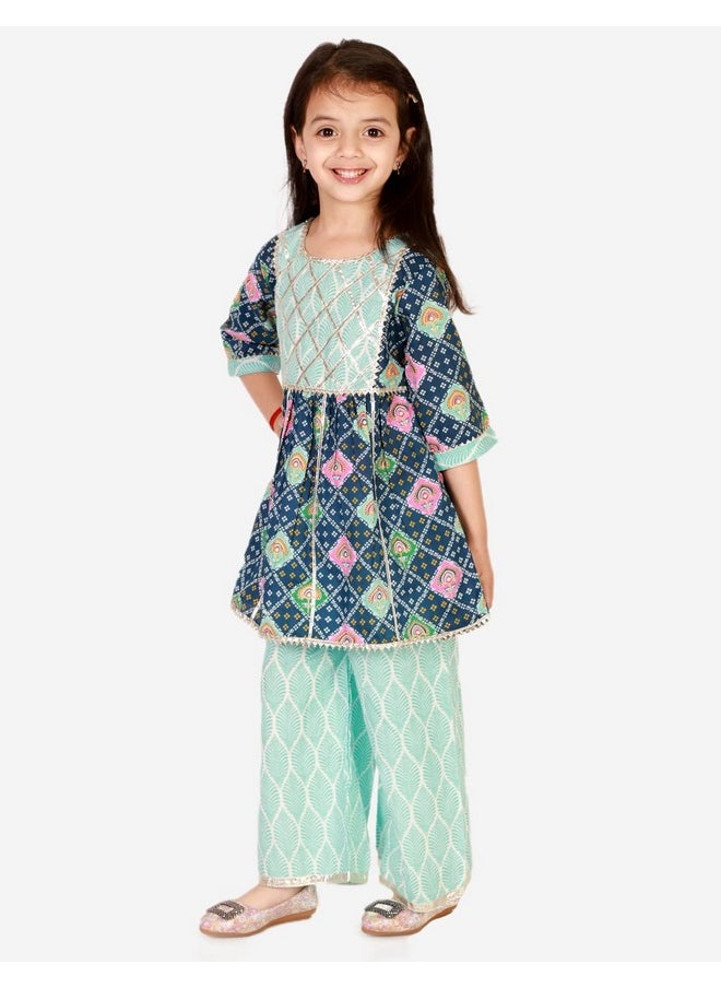 Superminis - superminis Baby Girls Cotton Printed Kurti with Gota Work and Straight Palazzo (6-12 Months, Blue) - Image 1