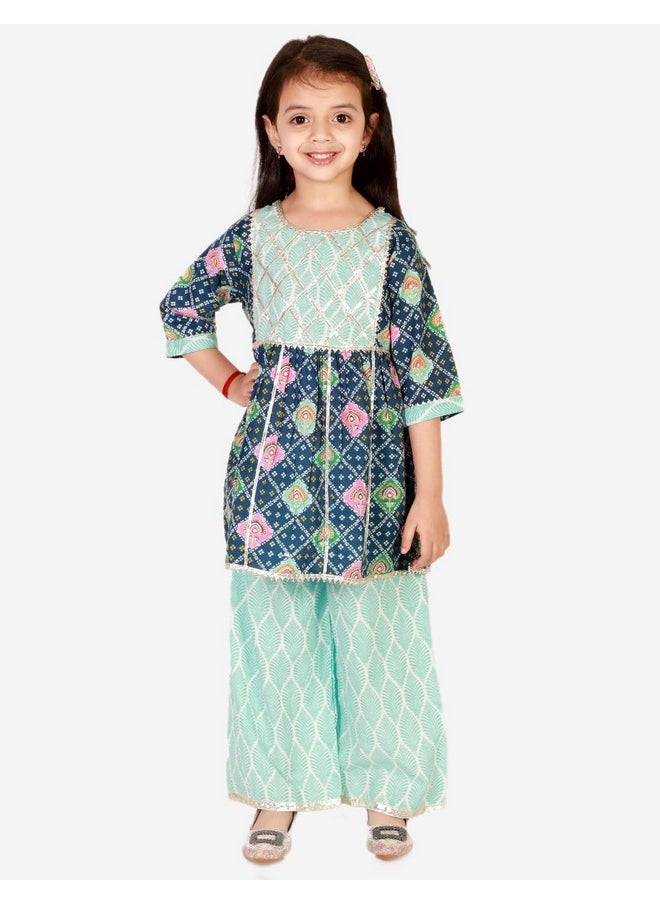 Superminis - superminis Baby Girls Cotton Printed Kurti with Gota Work and Straight Palazzo (6-12 Months, Blue) - Image 1