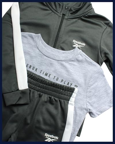 Reebok Baby Boy Pants Set - 3 Piece Tricot Fleece Jogger Pants Short Sleeve T Shirt & Track Jacket for Toddlers & Infants, Size 12 Months, Green Time 2 Play - Image 2