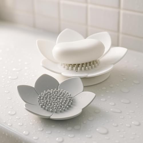 Notoke 2 Pack Lotus Shower Steamer Trays, Silicone Soap Holder with Self Draining - Elegant White & Gray Lotus Flower Shape Soap Dish, Perfect for Bathroom Counter, Kitchen Sink, Shower Organizer - Image 1