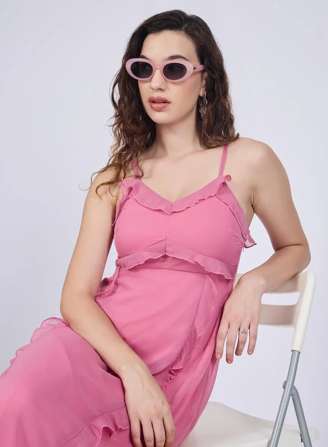 Outzidr  Pink Ruffle Midi Dress for Women | Best Price UAE