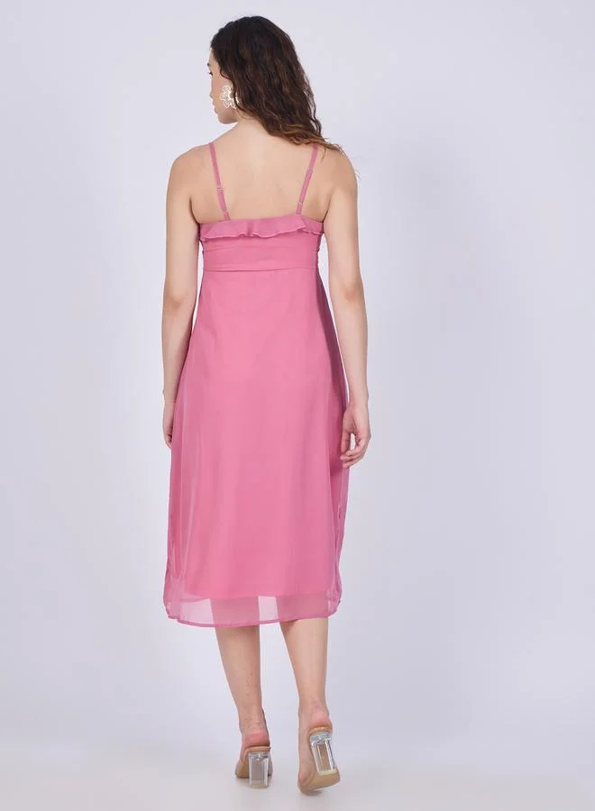 Outzidr  Pink Ruffle Midi Dress for Women | Best Price UAE